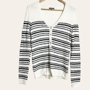 Anthropologie Lilla P White Black Striped V-Neck Henley Pullover Sweater Size S